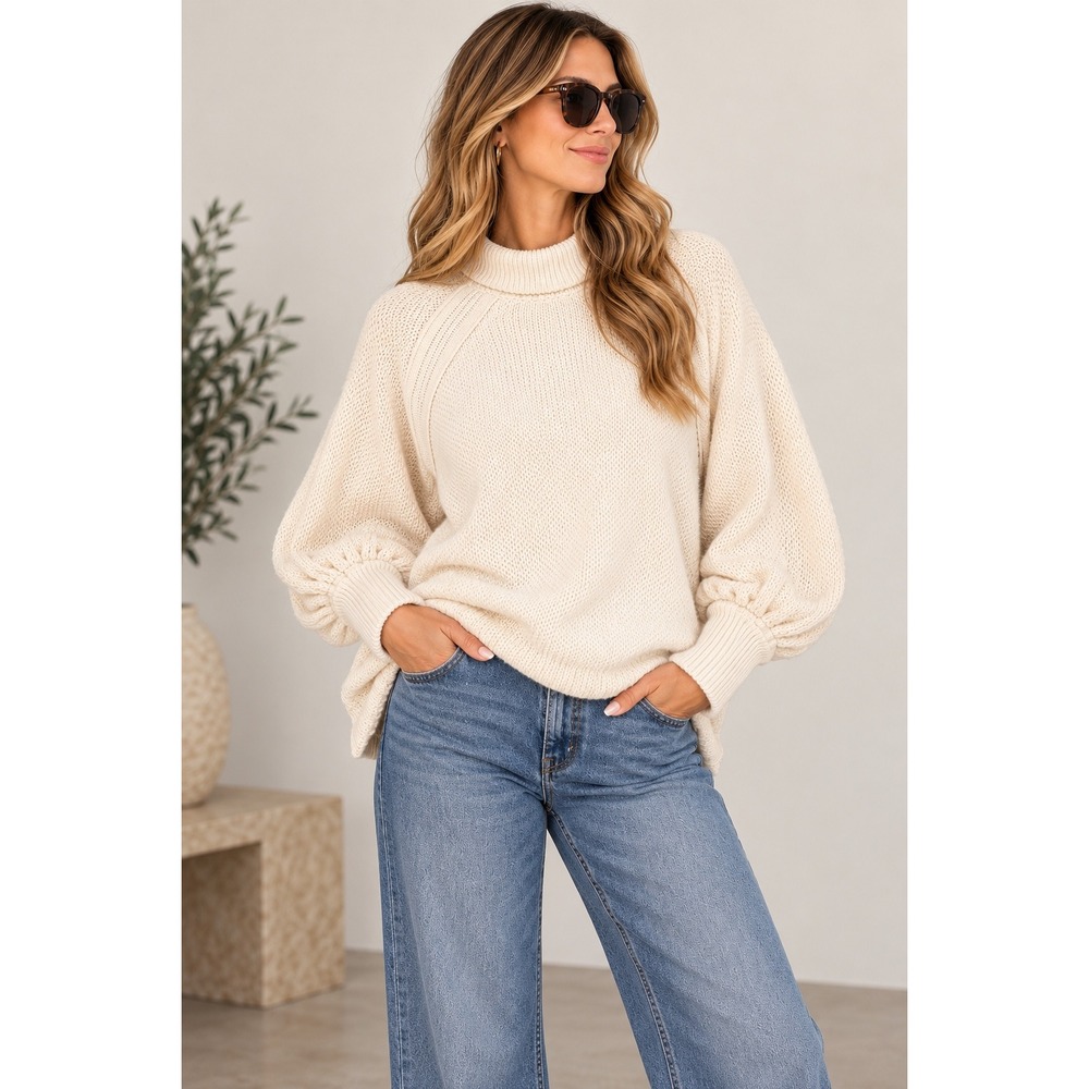 We The Free Free People Ivory Waffle Knit Thermal Mock Neck Top Boho Minimalist
